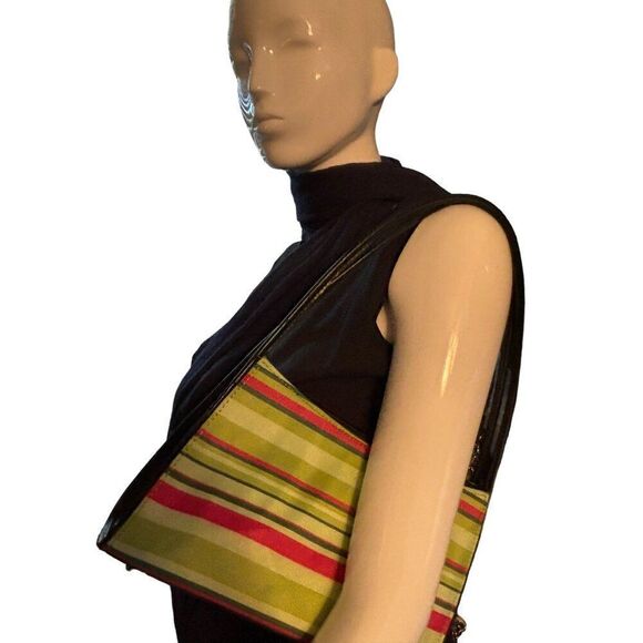 Colorful Striped Handbag With Black Handles & Zip Closure - Picture 4 of 9